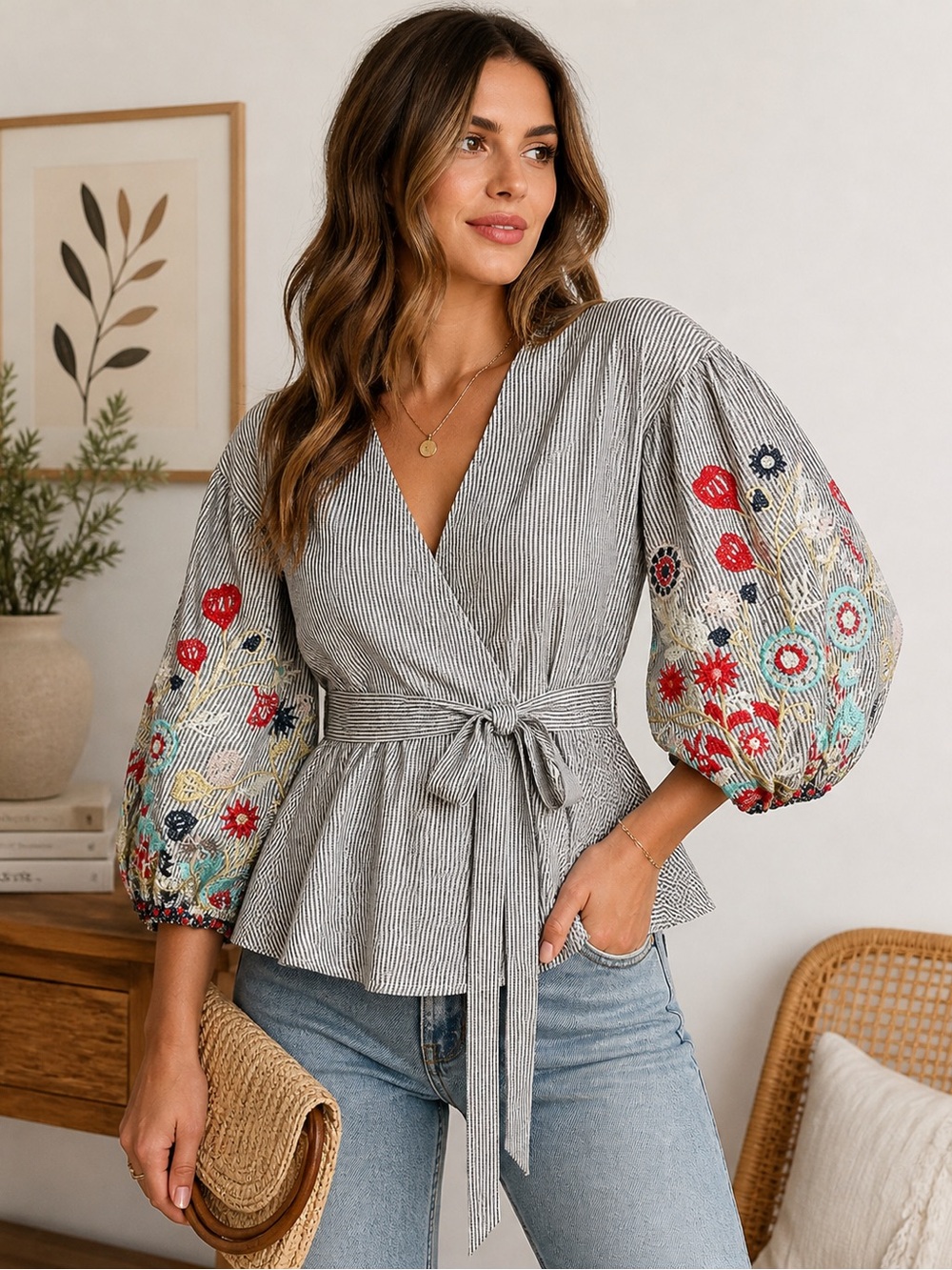 RD & Koko Embroidered Peplum Blouse Women L Striped Tie Waist Boho Puff Sleeve